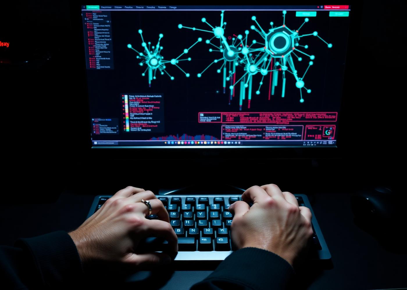 Analyst at a workstation reviewing an encrypted network graph