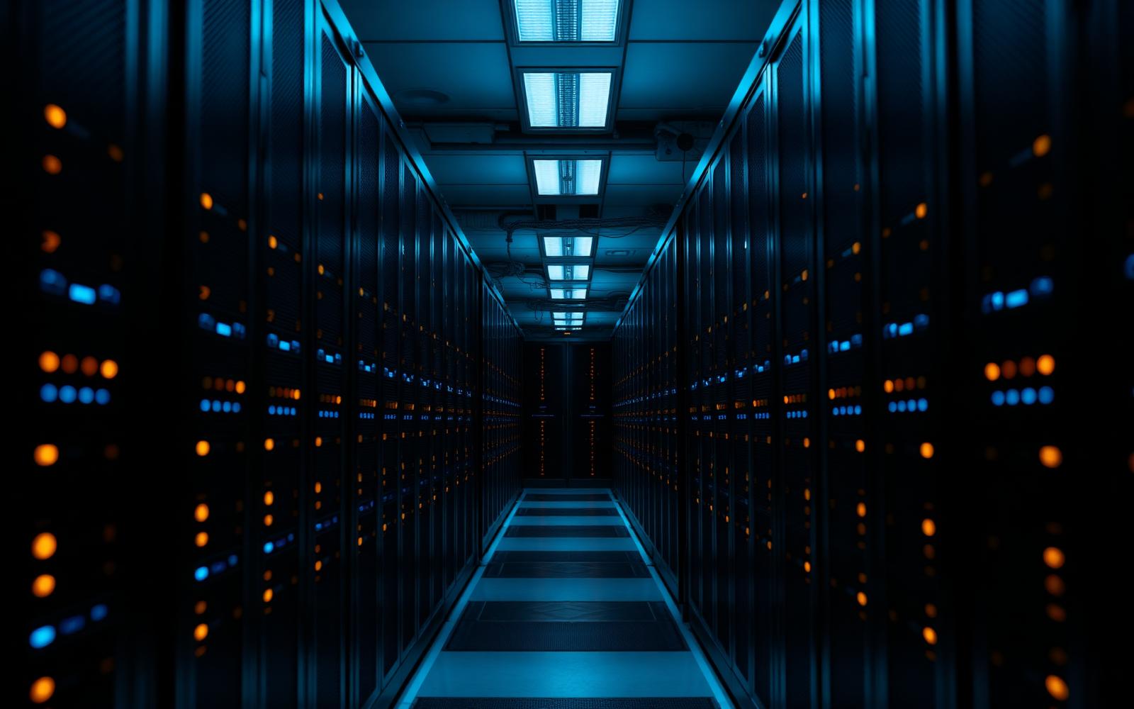 Data centre corridor with rows of illuminated server racks