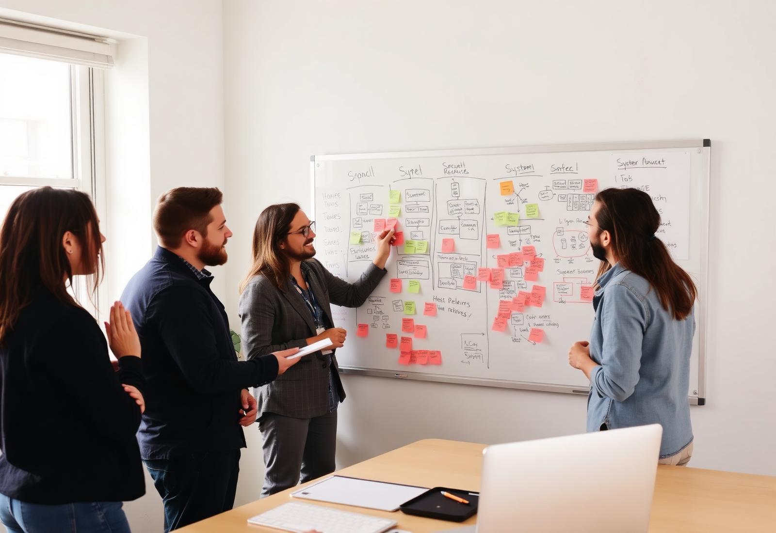 Team working through a system architecture diagram together